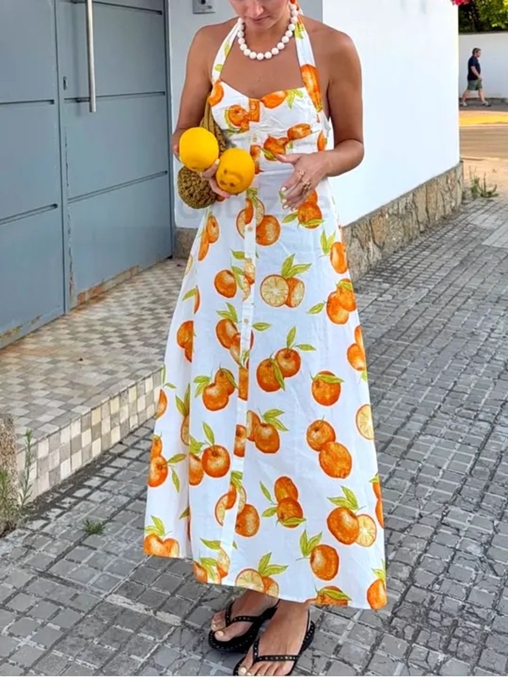 Zara Linen White Orange Print Halter Maxi Dress - Fresh Summer Style